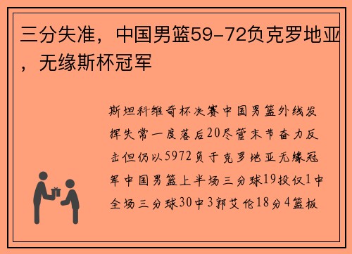 三分失准，中国男篮59-72负克罗地亚，无缘斯杯冠军