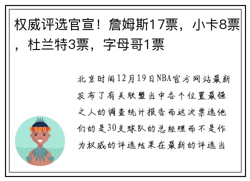 权威评选官宣!詹姆斯17票,小卡8票,杜兰特3票,字母哥1票